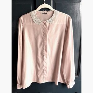 Vintage Pink Blouse Lace Peter Pan Collar‎ Country Suburbans 1980s Size 10